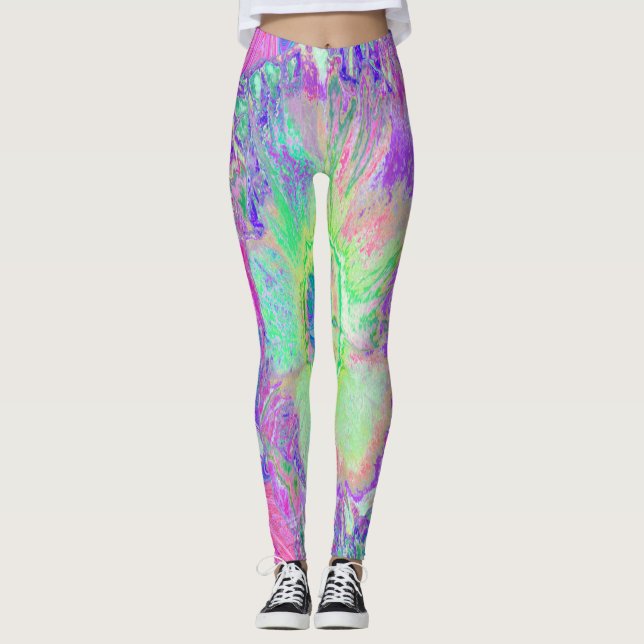 Legging Verde limão Psychedelic Trippy e Hibiscus roxo (Frente)