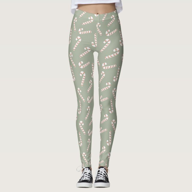 Legging Verde Sage com canas brancas e vermelhas (Frente)