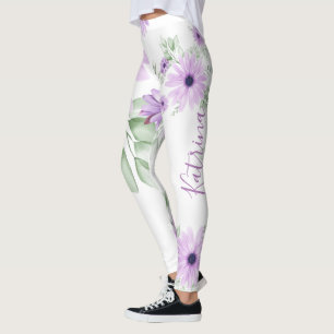 Legging Verde Violeta Personalizado, Flores de Cores Aquát