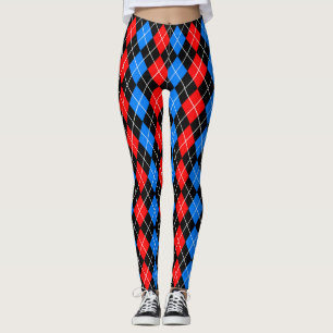 Legging Vermelho Azul Preto Argyle Design de Padrão de Dia