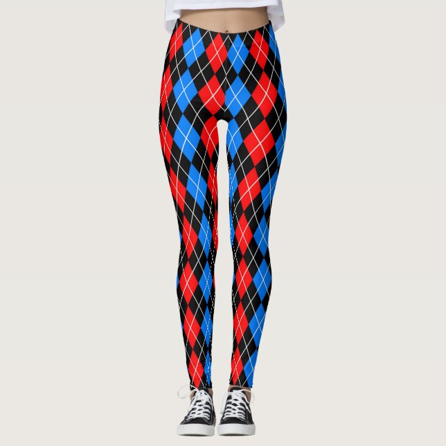 Legging Vermelho Azul Preto Argyle Design de Padrão de Dia (Frente)