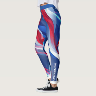 Legging Vermelho Branco Azul Abstrato com o Seu Nome