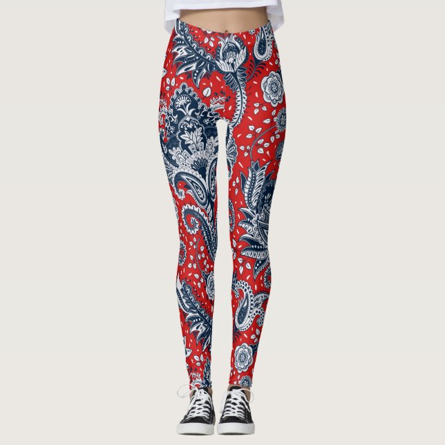 Legging Vermelho Branco & Azul Floral Paisley Boêmio Boho (Frente)