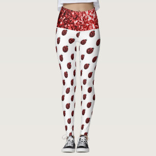 Legging Vermelho cintilante padrão de joaninha em branco