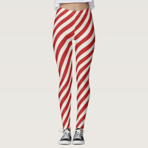Legging Vermelho & Creme Bege Listra Branca Natal Feriado 