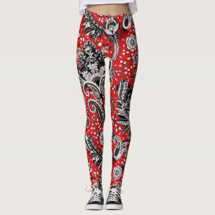 Legging Vermelho Preto e Branco Floral Paisley Boêmio Boho