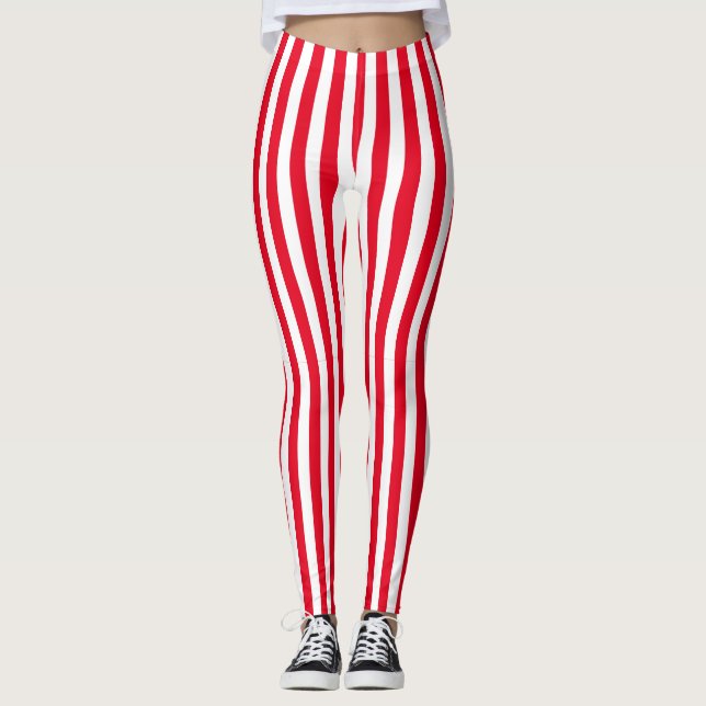 Legging Verticais Verticais Clássicos, Vermelho e Branco (Frente)