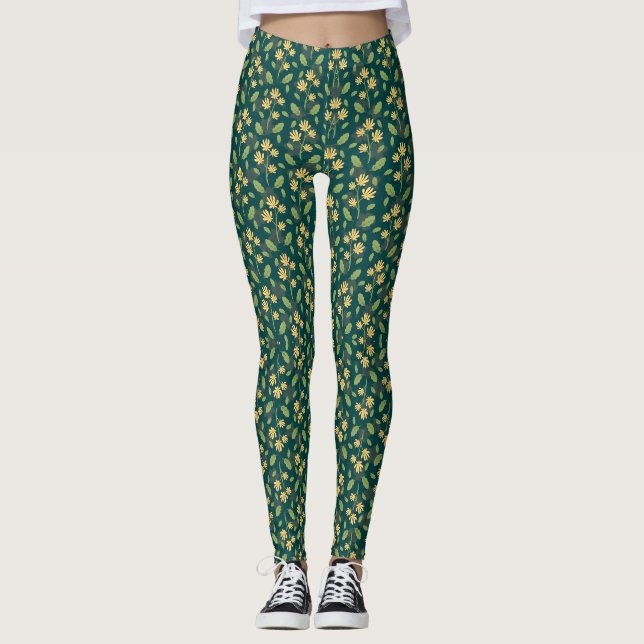 Legging Vibrant Green Pattern with Yellow Flowers & Leaves (Frente)