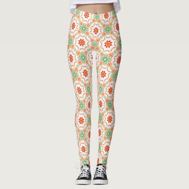 Legging Vibrant Green & Terracotta Floral Diamond Pattern  (Frente)