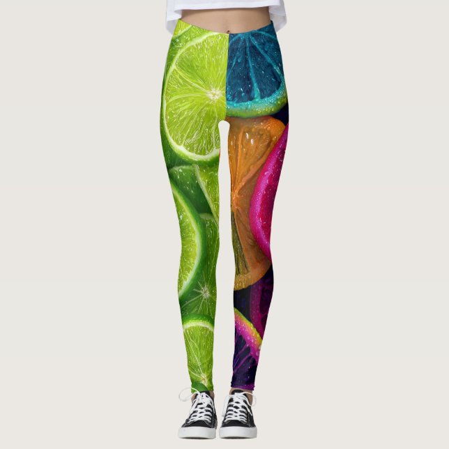 Legging Vibrant Neon Citrus Lime & Lemon Slices Wrap (Frente)
