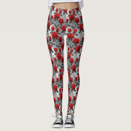 Legging Vibrant Red Roses On A Metallic Silver Background 