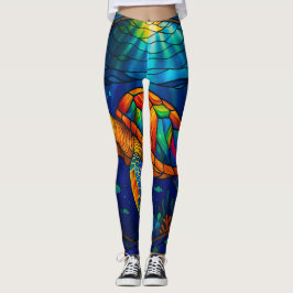 Legging Vibrant Stained Glass Sea Turtle Ocean Design