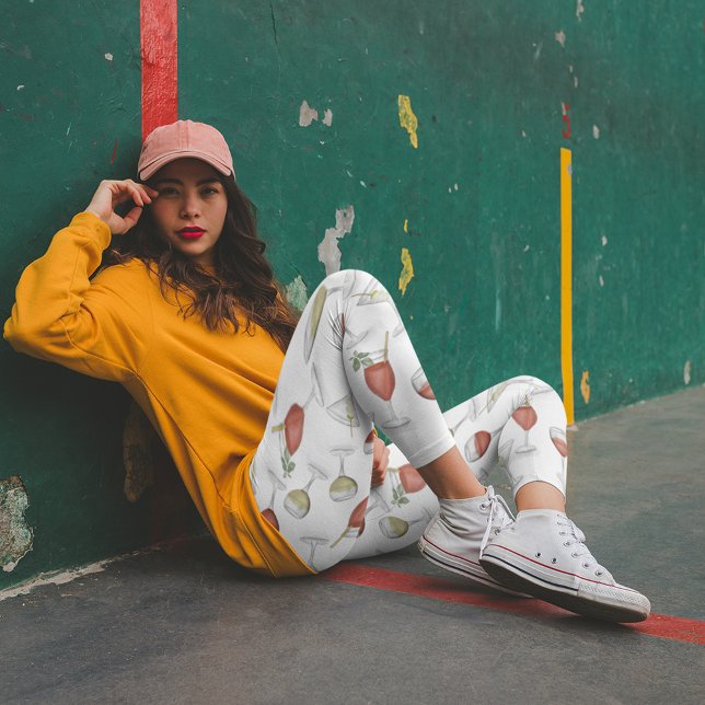 Legging Vinho Branco Cinto Aquarela Bebidas Coquetel Diver (Whimsical wine, champagne, and martini glasses leggings. )