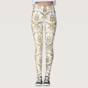 Legging Vintage, branco-preto, damasco floral