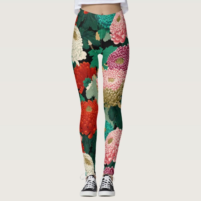 Legging Vintage Chrysanthemum Flowers Botanical Patttern (Frente)
