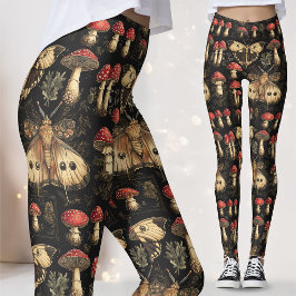 Legging Vintage Dark Academia Moth Mushroom Pattern Gothic