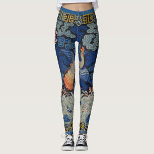 Legging Vintage de bordado chinês azul-pássaro