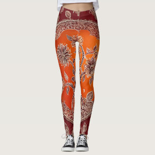 Legging Vintage Floral Orange Flame Red AI art