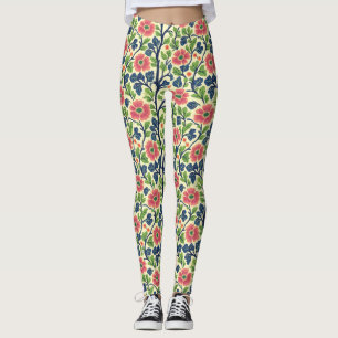 Legging Vintage Floral Rosa Flor Flor Folhagem Verde Esmag
