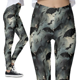 Legging Vintage Flying Bats Stormy Skies Gothic