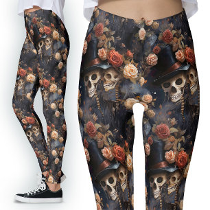 Legging Vintage Gothic Amante Floral Esqueleto Romântico