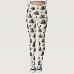 Legging Vintage Haunted House and Witch Toile Pattern (2)