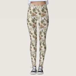 Legging Vintage Inspired Sepia Roses With Green Leaves