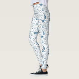 Legging Vintage Retro Toile Patterno Cat Catnip White Blue
