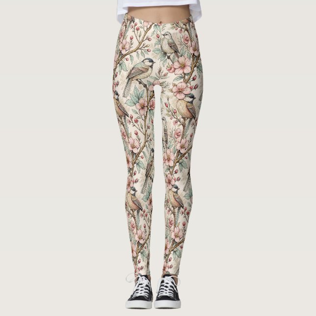 Legging Vintage Sakura Cherry Blossom & Bird Aestética 2 (Frente)