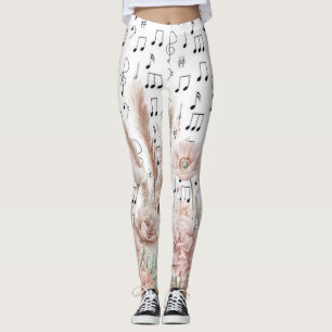 Legging Vintage Sheet Music with Pink Peony Wilflower