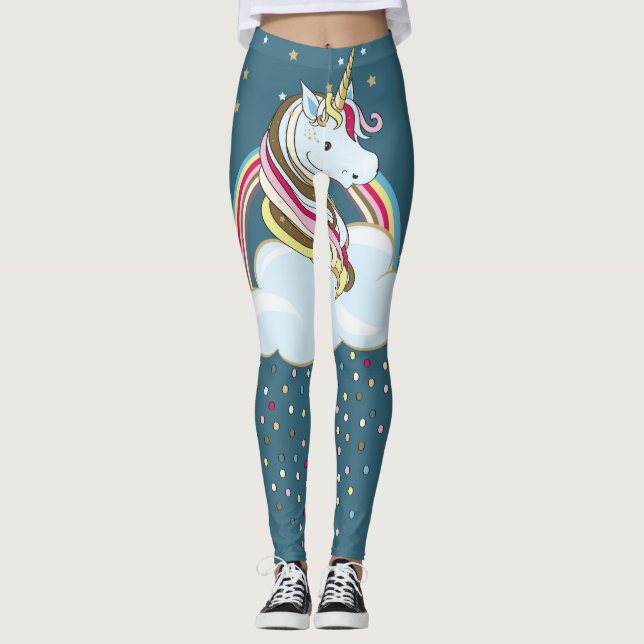 Legging Vintage Unicorn: Ilustração de Nuvens do Arco-Íris (Frente)