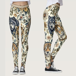 Legging Vintage Wild Animal and Floral Patterno on White