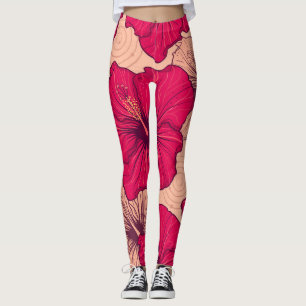 Legging Vintagem de Flores de Hibisco Desenhadas à Mão