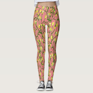 Legging Vintagem de Fundo Cor-de-Rosa das Flores Amarelas