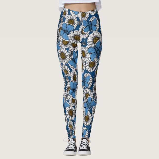 Legging Visitas, flores brancas silvestres e borboletas az (Frente)