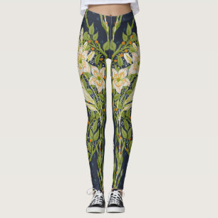 Legging Walter Crane Antigo Padrão Lírio Branco Navy