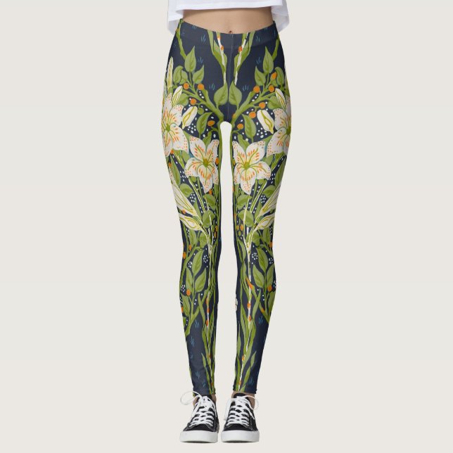 Legging Walter Crane Antigo Padrão Lírio Branco Navy (Frente)