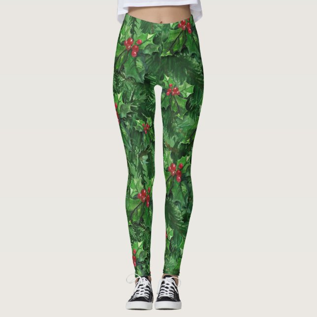 Legging Watercolor Christmas Holly Berries (Frente)