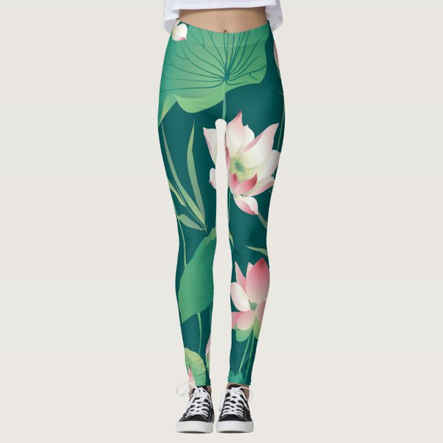 Legging Watercolor lotus: flores sem costura vindimas. (Frente)