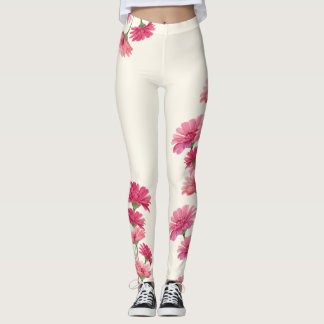 Legging Watercolor Painted Pink Zinnia Flowers