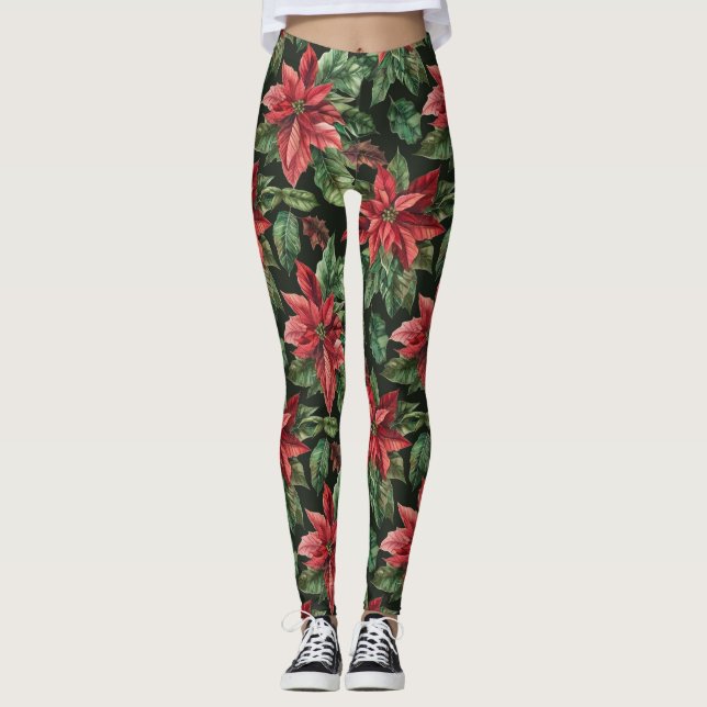 Legging Watercolor Poinsettia flor Natal (Frente)
