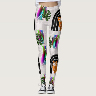 Legging Whimsical Boho Owl & Tropical Monstera Leaf