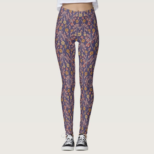 Legging Whimsical Floral Design with Vines on Purple Back (Frente)