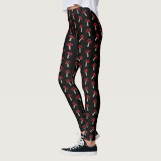 Legging Whimsical Mushrooms Red And Black Pattern