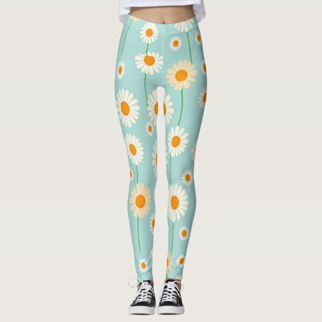 Legging White Daisies sobre fundo azul claro (Frente)