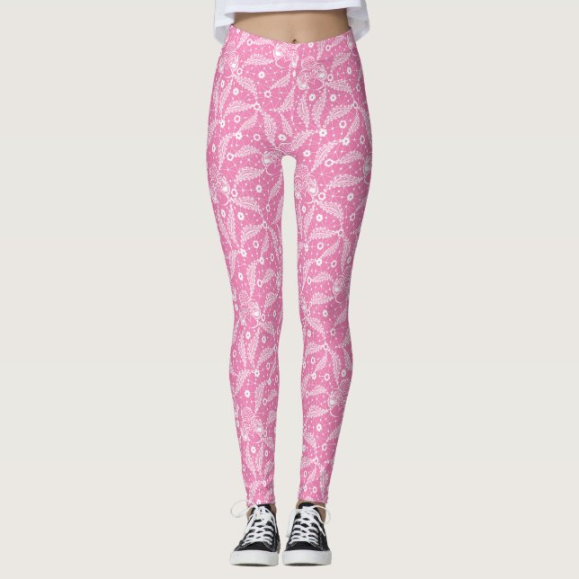 Legging White floral lace on pink background  (Frente)