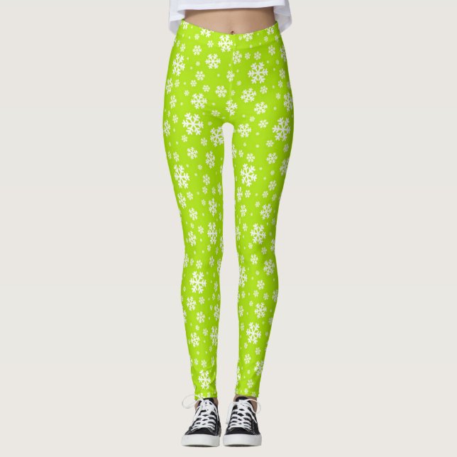 Legging White Snowflakes on Green Winter Pattern (Frente)