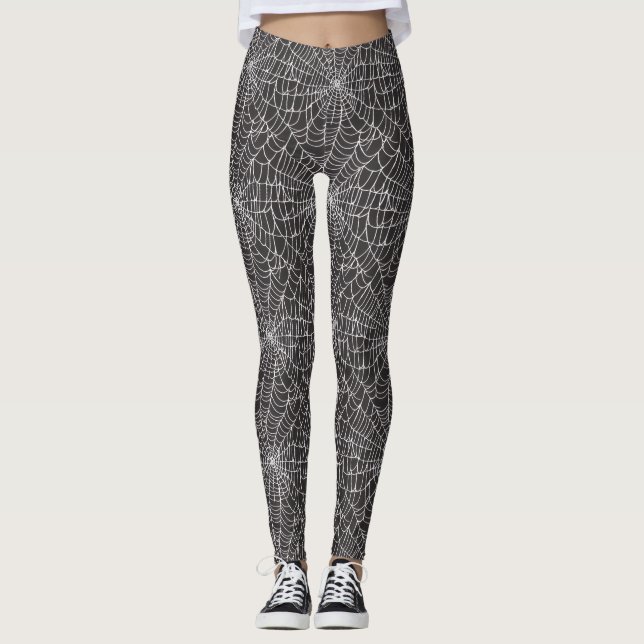 Legging White Spider Web Halloween Design on Black (Frente)