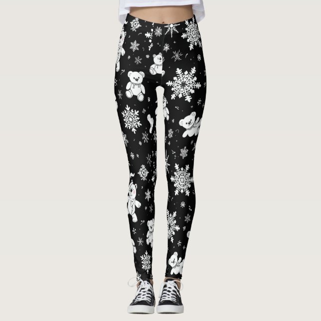 Legging White Teddy Bear & Snowflake Seamless Pattern (Frente)