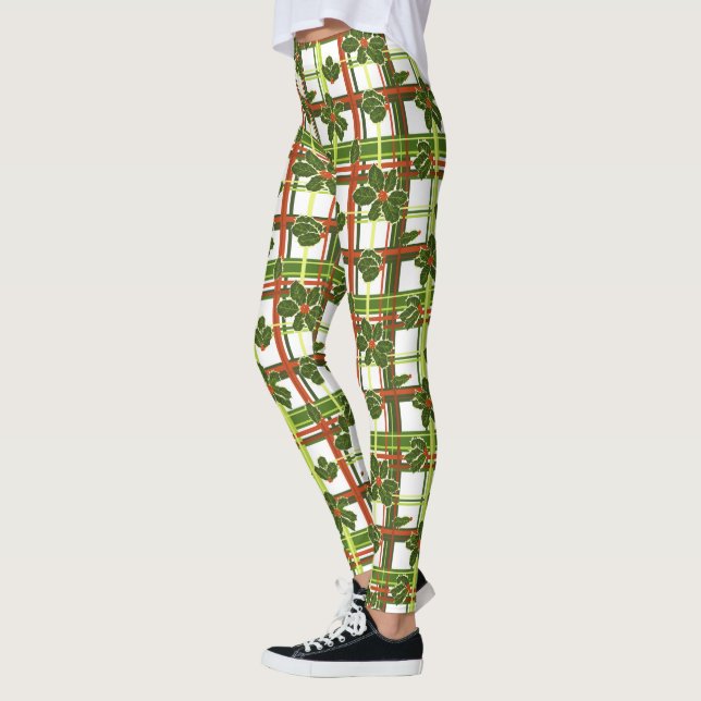 Legging Xadrez branca Holly Berries Natal (Esquerda)